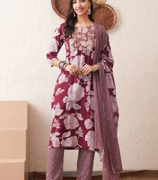 Gold embroidered chikankari  pure cotton maroon straight kurta pant dupatta set