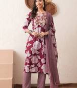 Gold embroidered chikankari  pure cotton maroon straight kurta pant dupatta set