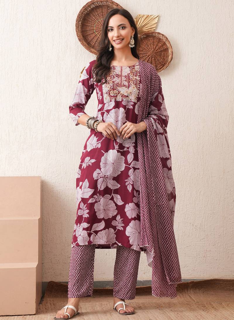 Gold embroidered chikankari  pure cotton maroon straight kurta pant dupatta set