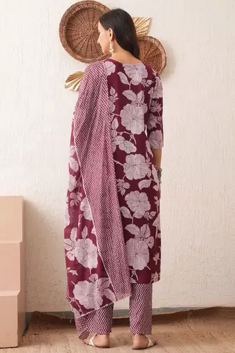 Gold embroidered chikankari  pure cotton maroon straight kurta pant dupatta set