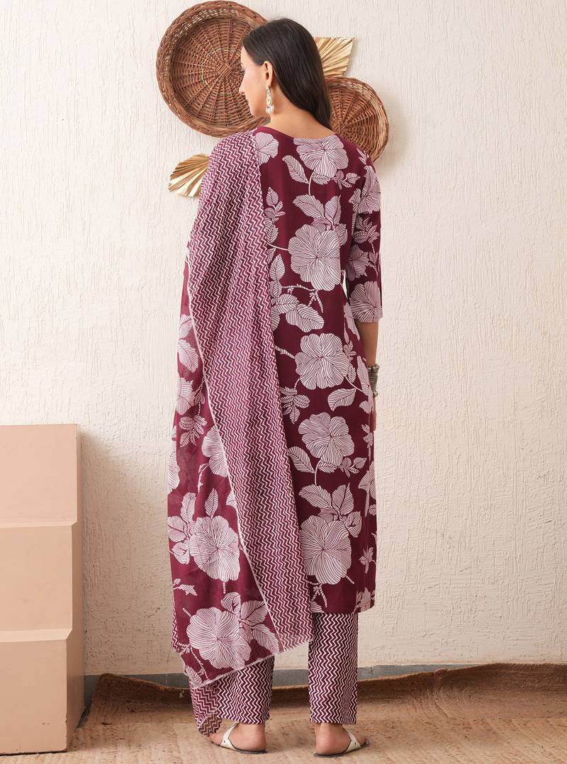 Gold embroidered chikankari  pure cotton maroon straight kurta pant dupatta set