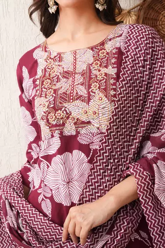 Gold embroidered chikankari  pure cotton maroon straight kurta pant dupatta set