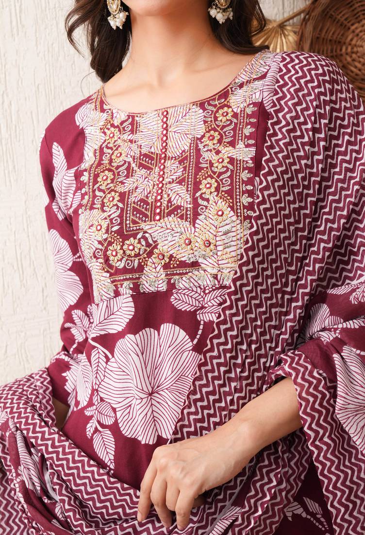 Gold embroidered chikankari  pure cotton maroon straight kurta pant dupatta set