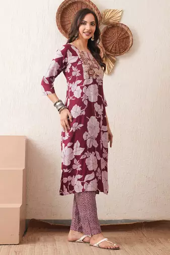 Gold embroidered chikankari  pure cotton maroon straight kurta pant dupatta set