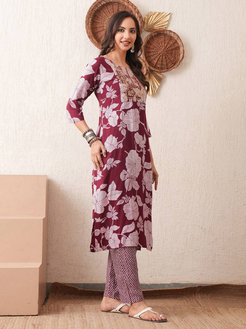 Gold embroidered chikankari  pure cotton maroon straight kurta pant dupatta set