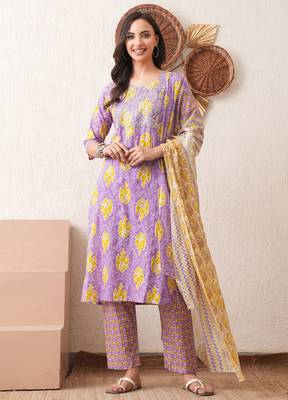 Gold embroidered chikankari  pure cotton light-purple straight kurta pant dupatta set 1