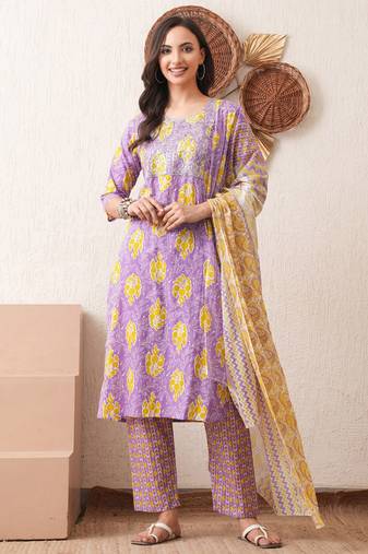 Gold embroidered chikankari  pure cotton light-purple straight kurta pant dupatta set
