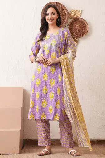 Gold embroidered chikankari  pure cotton light-purple straight kurta pant dupatta set