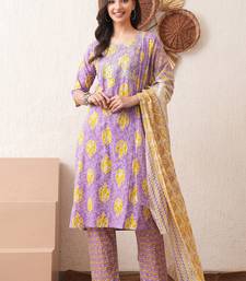 Gold embroidered chikankari  pure cotton light-purple straight kurta pant dupatta set