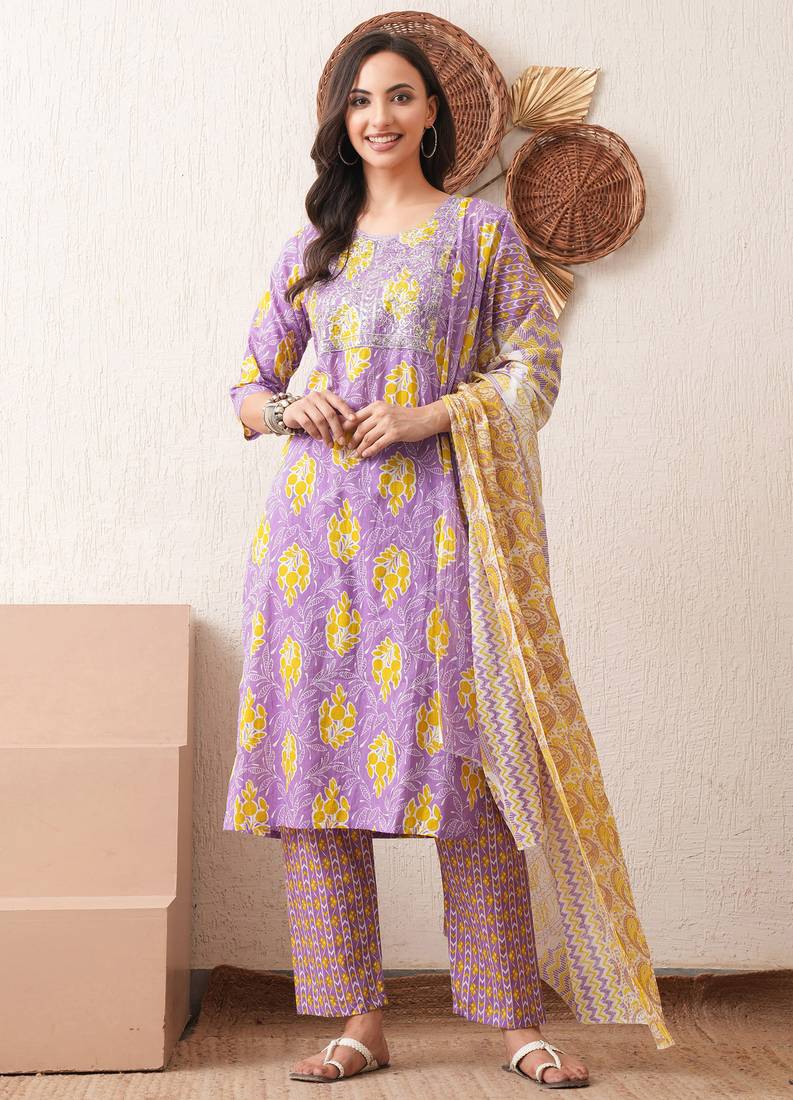 Gold embroidered chikankari  pure cotton light-purple straight kurta pant dupatta set