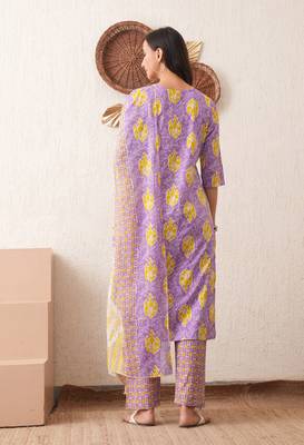 Gold embroidered chikankari  pure cotton light-purple straight kurta pant dupatta set 2