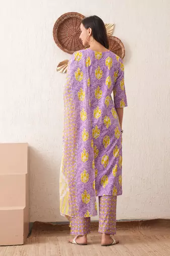 Gold embroidered chikankari  pure cotton light-purple straight kurta pant dupatta set