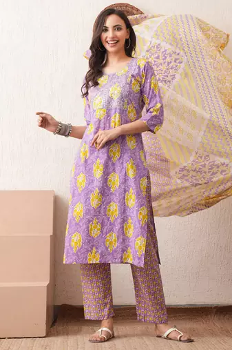Gold embroidered chikankari  pure cotton light-purple straight kurta pant dupatta set