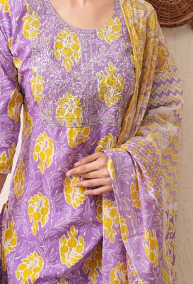 Gold embroidered chikankari  pure cotton light-purple straight kurta pant dupatta set 4