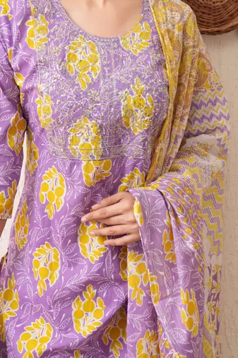 Gold embroidered chikankari  pure cotton light-purple straight kurta pant dupatta set
