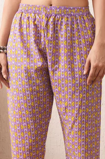 Gold embroidered chikankari  pure cotton light-purple straight kurta pant dupatta set