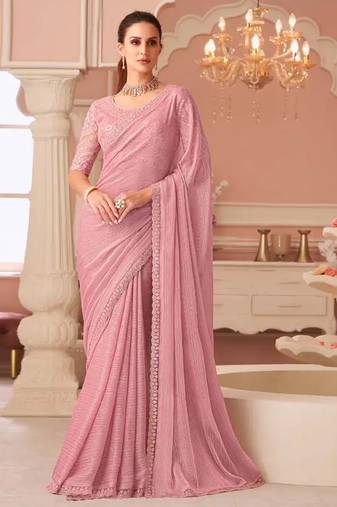 Pink Silk Blend Embellished Saree Sari Comes With Embroidered Blouse
