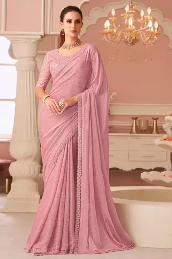 Pink Silk Blend Embellished Saree Sari Comes With Embroidered Blouse