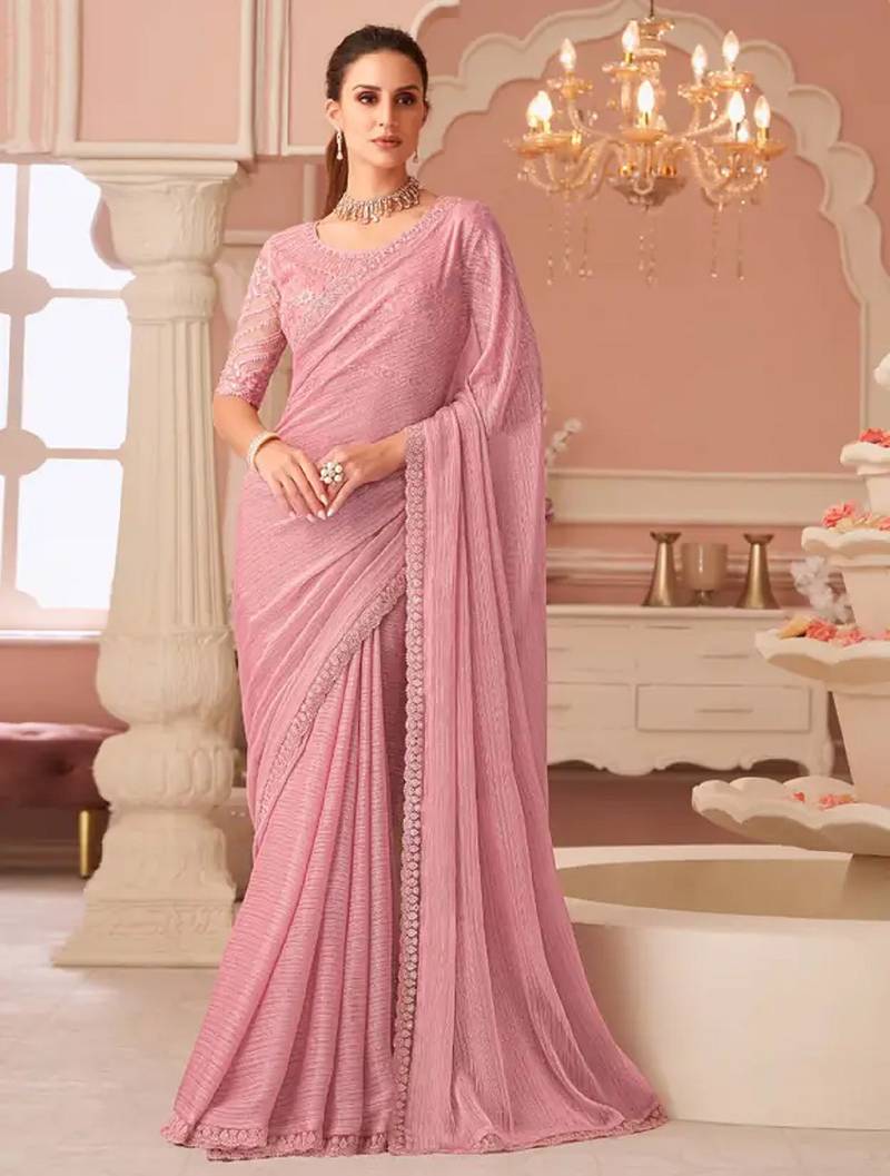 Pink Silk Blend Embellished Saree Sari Comes With Embroidered Blouse