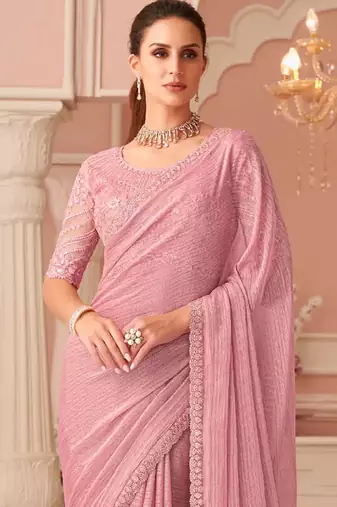 Pink Silk Blend Embellished Saree Sari Comes With Embroidered Blouse