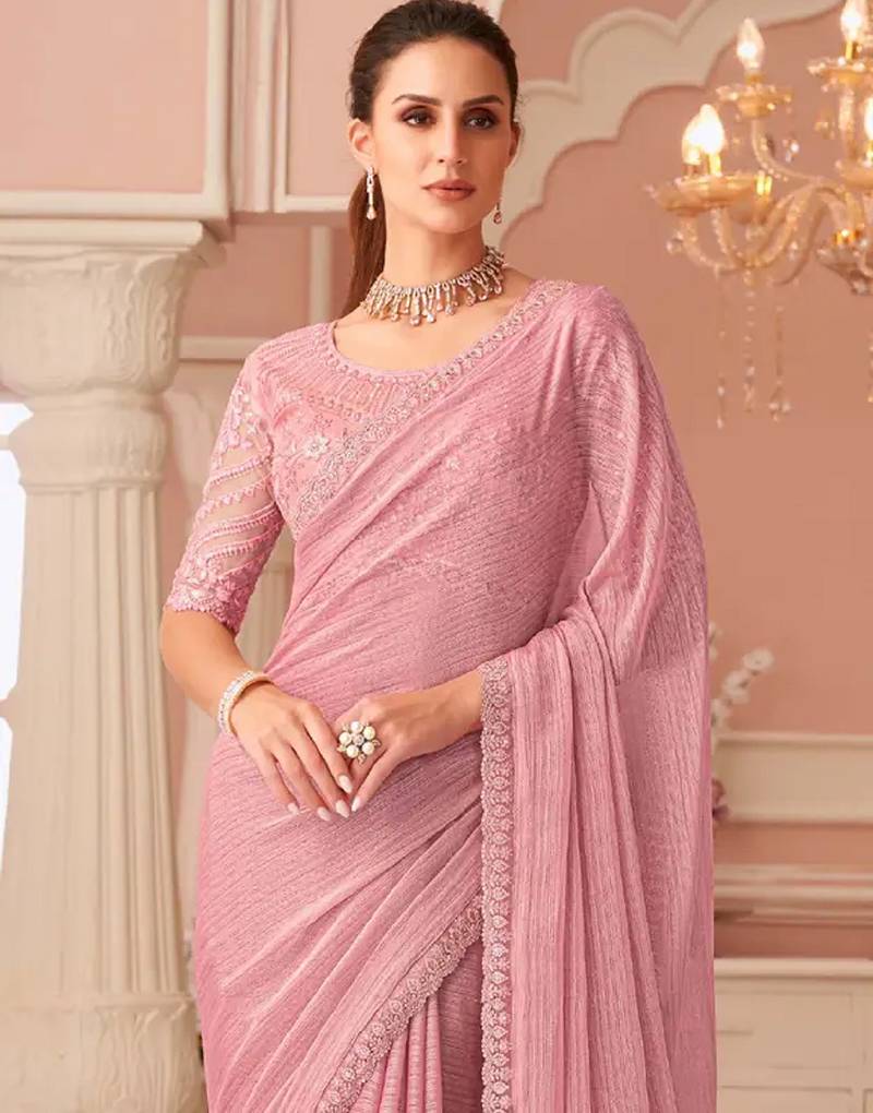 Pink Silk Blend Embellished Saree Sari Comes With Embroidered Blouse