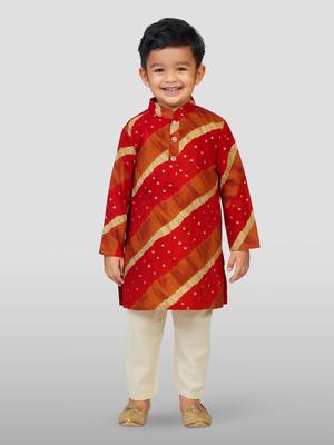 maroon rayon kurta with cream pyjama - traditional lehariya print set 1