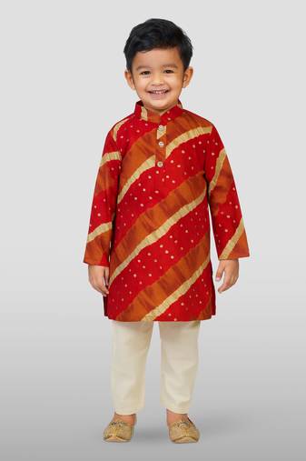 maroon rayon kurta with cream pyjama - traditional lehariya print set