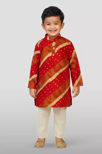 maroon rayon kurta with cream pyjama - traditional lehariya print set