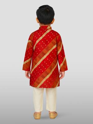 maroon rayon kurta with cream pyjama - traditional lehariya print set 2
