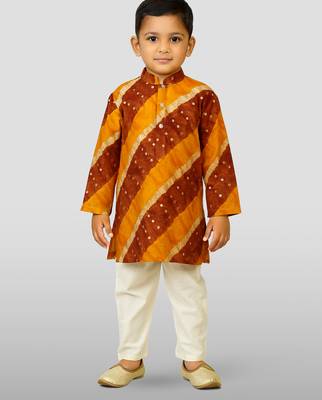 mustard rayon kurta with cream pyjama - traditional lehariya print set 1