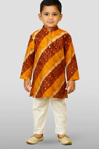 mustard rayon kurta with cream pyjama - traditional lehariya print set