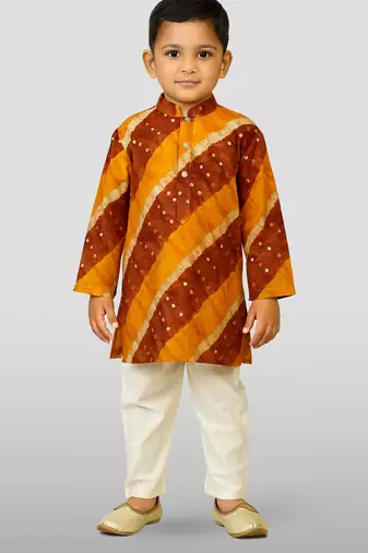 mustard rayon kurta with cream pyjama - traditional lehariya print set