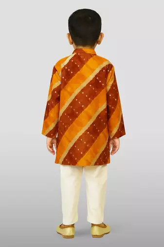 mustard rayon kurta with cream pyjama - traditional lehariya print set
