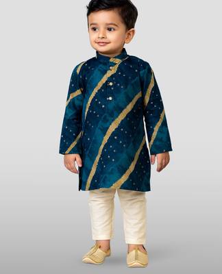 navy blue rayon kurta with cream pyjama - traditional lehariya print set 1