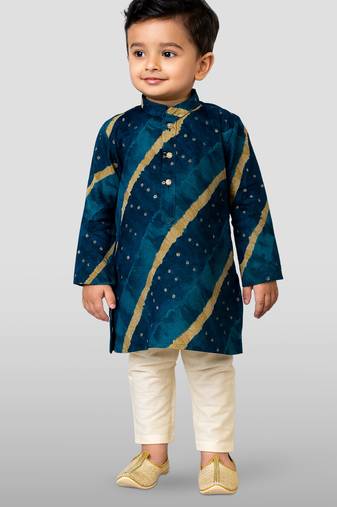 navy blue rayon kurta with cream pyjama - traditional lehariya print set