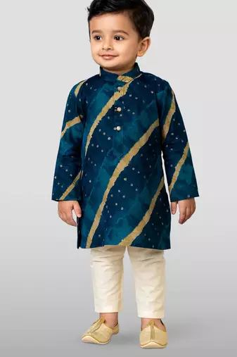 navy blue rayon kurta with cream pyjama - traditional lehariya print set