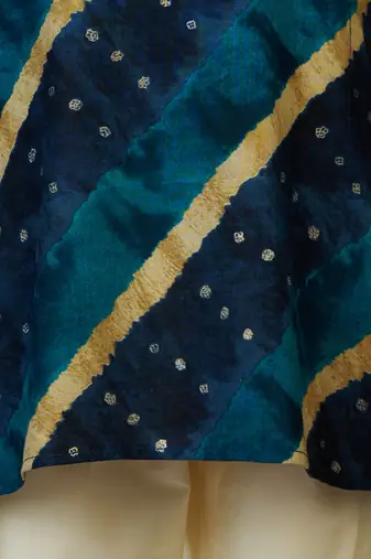 navy blue rayon kurta with cream pyjama - traditional lehariya print set