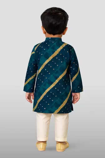 navy blue rayon kurta with cream pyjama - traditional lehariya print set