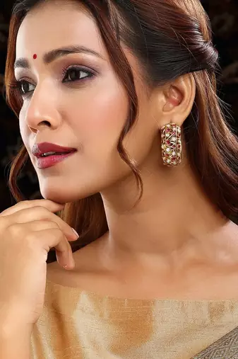 Gold plated kundan red stone earrings