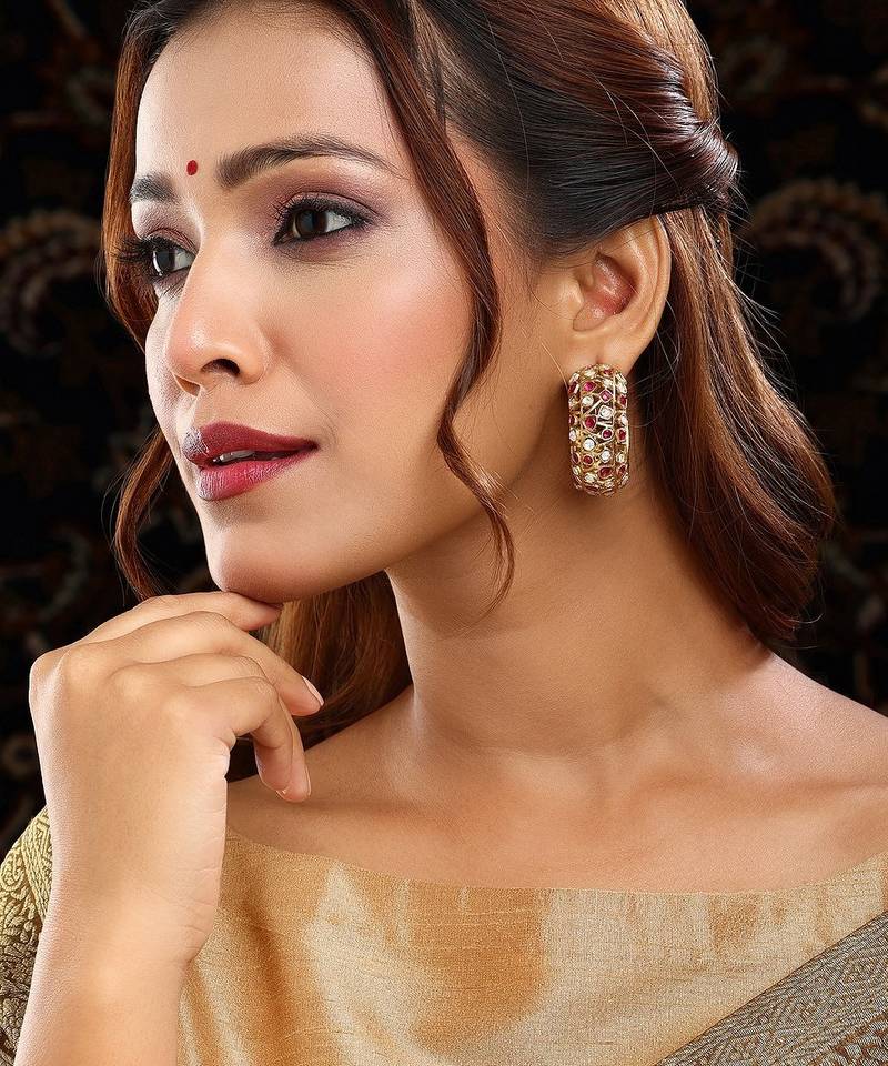 Gold plated kundan red stone earrings