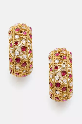 Gold plated kundan red stone earrings