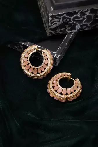 Gold plated kundan pink stone hoop earrings