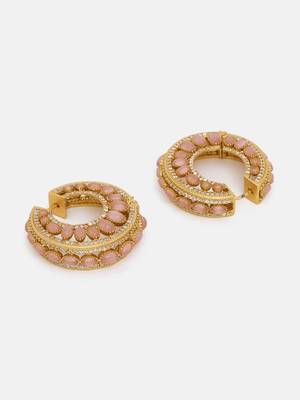 Gold plated kundan pink stone hoop earrings 4