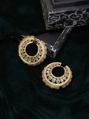 Gold plated kundan green stone hoop earrings 2