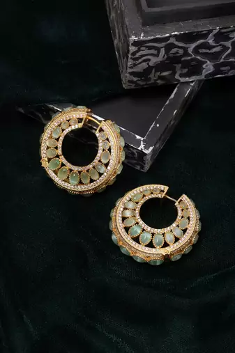 Gold plated kundan green stone hoop earrings