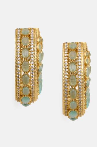 Gold plated kundan green stone hoop earrings