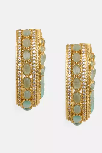 Gold plated kundan green stone hoop earrings