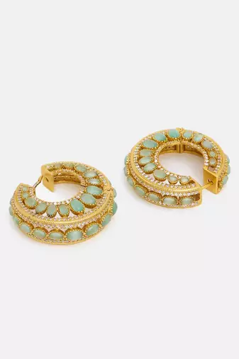 Gold plated kundan green stone hoop earrings