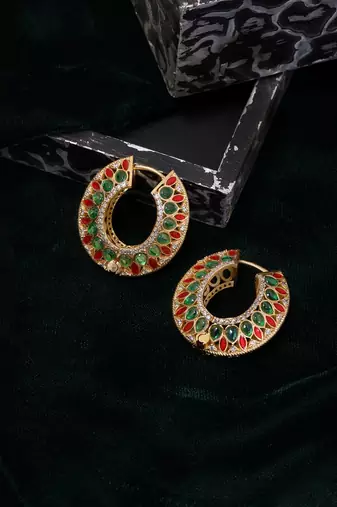 Gold plated kundan multicolor Stone hoop earrings