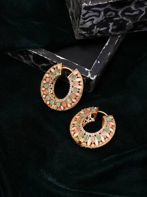 Gold plated kundan multicolor Stone hoop earrings 2